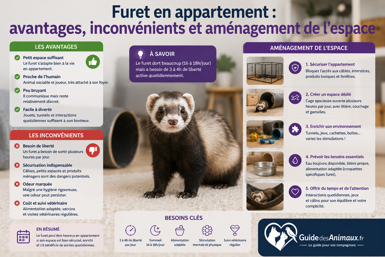 Furet en appartement : avantages, inconvénients et aménagement de l'espace
