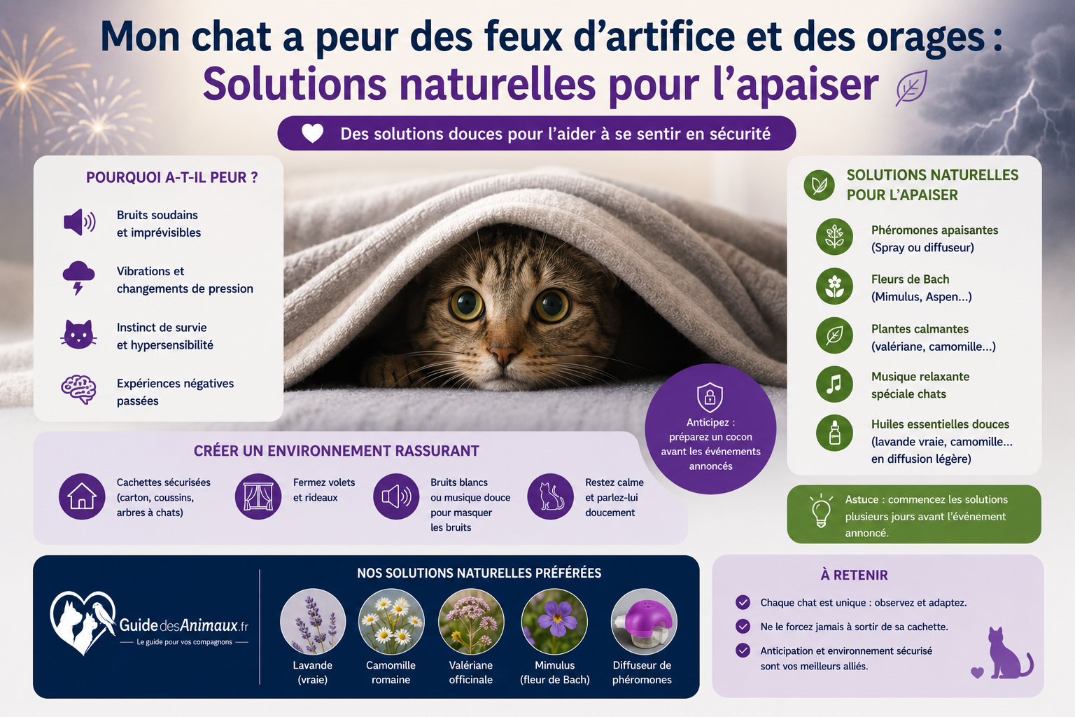 Mon chat a peur des feux d'artifice et des orages : Solutions naturelles pour l'apaiser